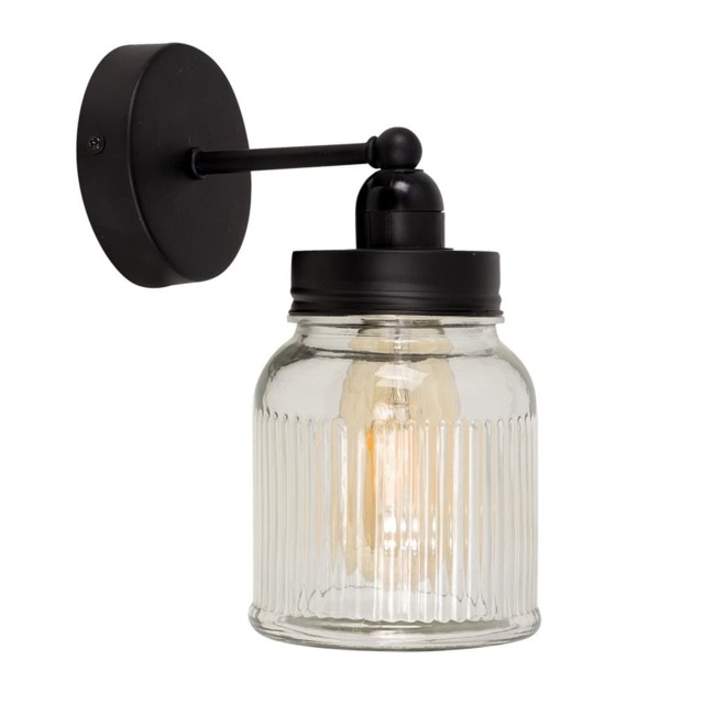 ValueLights Cambourne Black Pipework Single Wall Light With Clear Glass Jar Shade