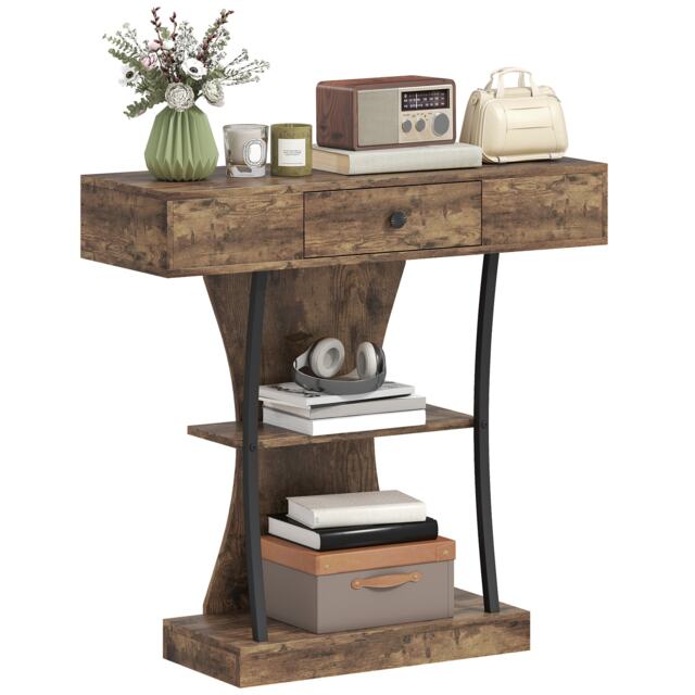 HOMCOM Console Table, 3-Tier Industrial Hallway Table with Drawer, Storage Shelves and Steel Frame, for Living Room, Entryway, Rustic Brown