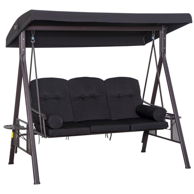 Outsunny 3 Seater Garden Swing Chair Patio Swing Bench w/ Cup Trays Black Black