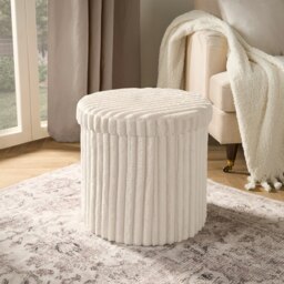 OHS Soft Fleece Ribbed Round Foldable Footstool Seat Storage Organiser Ottoman Cream