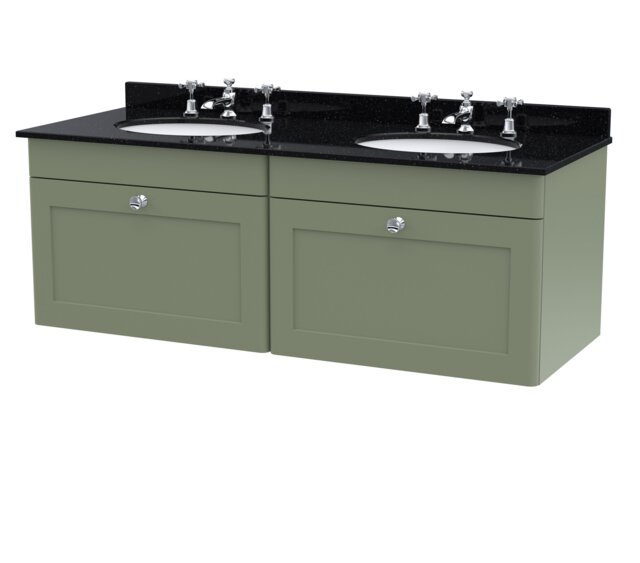 Balterley Swynnerton Traditional 2 Drawer Wall Hung Vanity Unit with Double Marble Basin, Satin Green, 1200mm