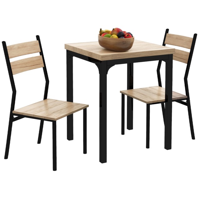 HOMCOM 3 Pieces Compact Dining Table 2 Chairs Set Wooden Metal Legs Bistro Cafe Kitchen Breakfast Bar Home Furniture, Light Wood Grain
