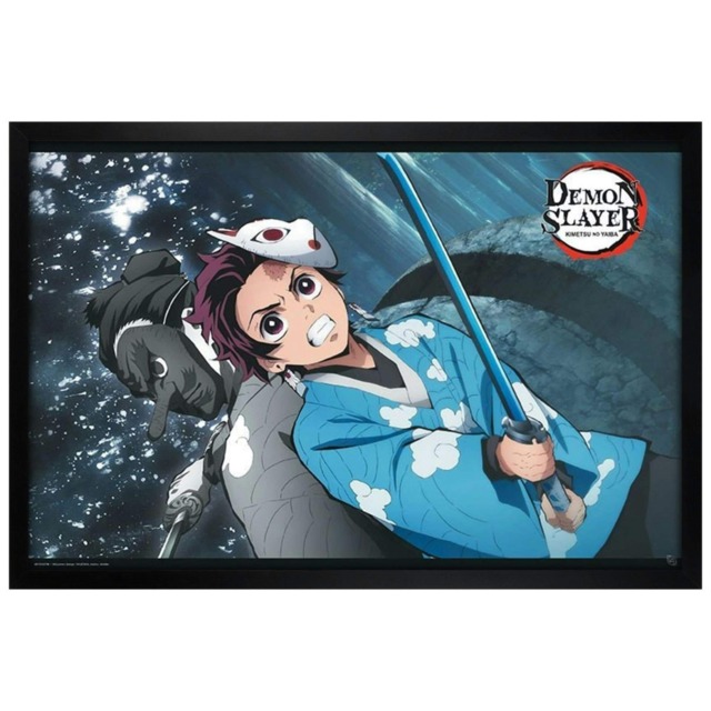 Black Wooden Framed Demon Slayer Tanjiro & Urokodaki Maxi Poster Multi