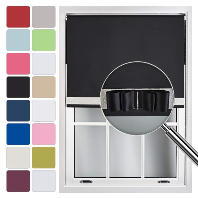 FURNISHED Blackout Roller Blind with White Glitter Trim and Black Bow Cut to Size Black Black 1 (W) 150cm x (L) 165cm