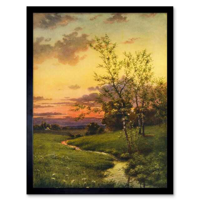 "Paintings Landscape Sunset Countryside Tree 12x16"" Framed Wall Art Print"