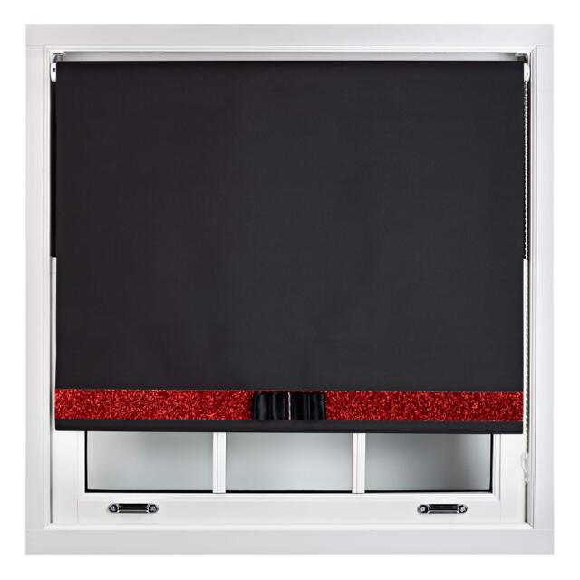 FURNISHED Blackout Roller Blind with Red Glitter Trim and Black Bow Trimmable Window Shade Black Black 1 (W) 85cm x (L) 165cm