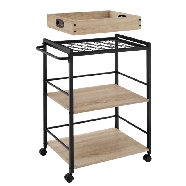 Drinks Trolley Worcester - 3 shelves and removable tray, 4 swivel castors with parking brake Brown industrial wood light, oak Sonoma 65 x 41,50 x 87 cm 1