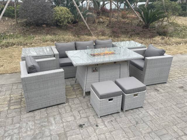 Fimous Rattan Garden Furniture Set Gas Fire Pit Lounge Sofa Chair Dining Set With 2 Side Table And 2 PC Arm Chair 2 Stools