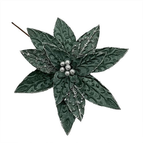 Dark Green Velvet Poinsettia with Embossed Glitter Detail Christmas Pick Decoration 46cm