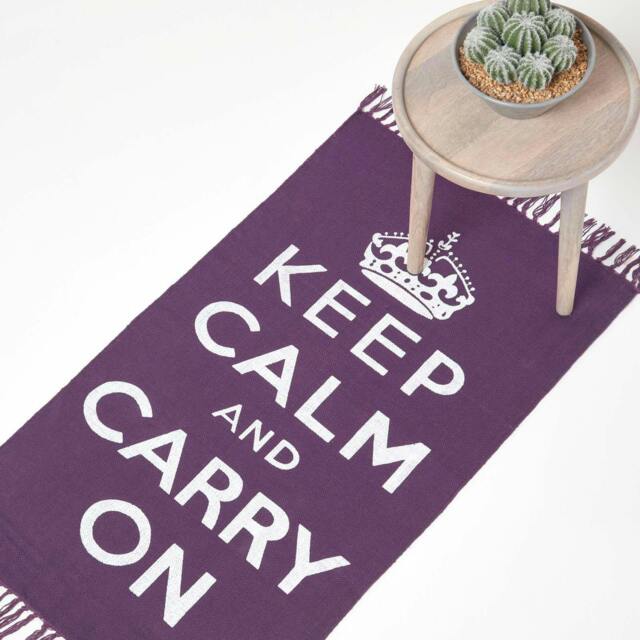 Homescapes Keep Calm And Carry On Handwoven Cotton Rug in Purple & White - 60 x 100 cm Purple Purple & white