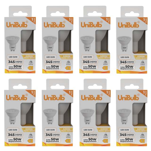UniBulb LED GU10 345lm 3.6W (Replaces 50W) 3000K (Warm White) Spotlight Downlight Light Bulb - Pack of 8