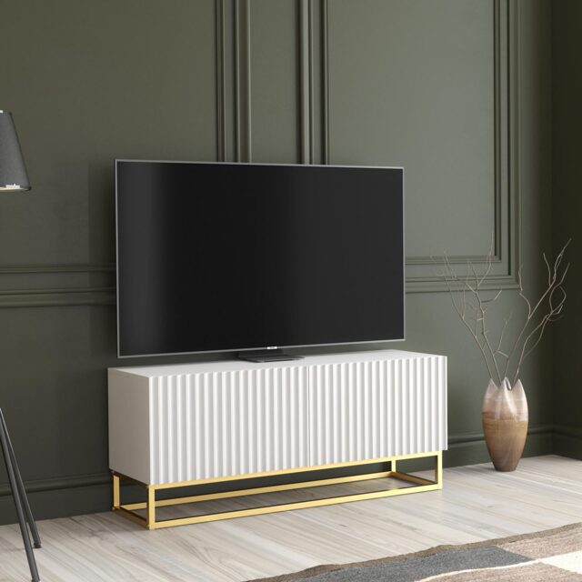 TV Unit Stand Cabinet Sideboard Media Cabinet Storage Unit White Fluted Gold Base 100cm