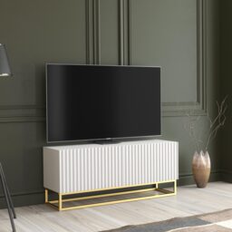 TV Unit Stand Cabinet Sideboard Media Cabinet Storage Unit White Fluted Gold Base 100cm