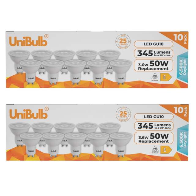 UniBulb LED GU10 345lm 3.6W (Replaces 50W) 6500K (Daylight) Spotlight Downlight Light Bulb - Pack of 20