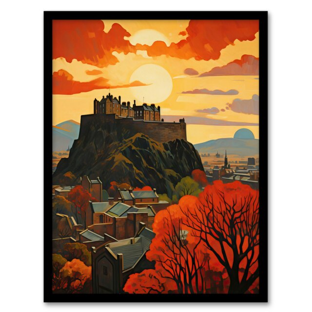 Edinburgh Castle Oil Twilight In Autumn Cityscape Framed Wall Art Print