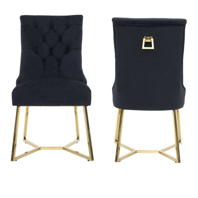 Set of 2 Ambra Modern Velvet Dining Chairs with Gold Legs & Ring Handle - Tufted Back, Plush Foam Seat, Luxury Accent Chair Green Green