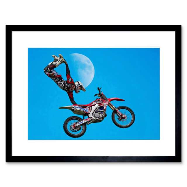 "Motocross Bike Stunt Moon Action Shot Sport Photograph 9x7"" Black Framed Wall Art Print"
