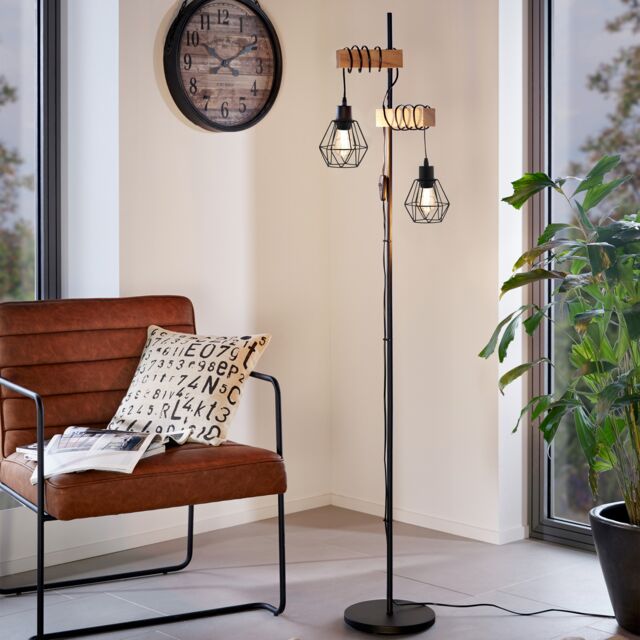 EGLO Townshend 5 Black/Natural Metal & Wood 2-Light Floor Lamp - Industrial Style (D) 25cm