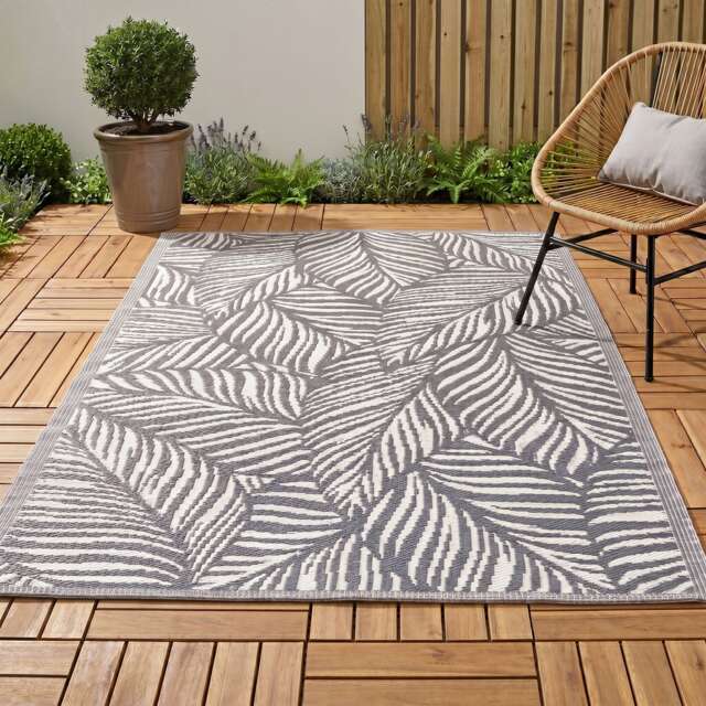 Outdoor Plastic Rug Wool-Look Anti-Slip Durable Garden Patio Conservatory Carpet Mat - Grey Leaf Grey Grey