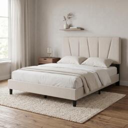 London Boutique Double Bed Frame with Adjustable Headboard Upholstered Bed Platform 145 x 198 cm