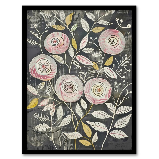 Rose Flowers Pink Grey Folk Art Patterns Black Framed Wall Art Print A4
