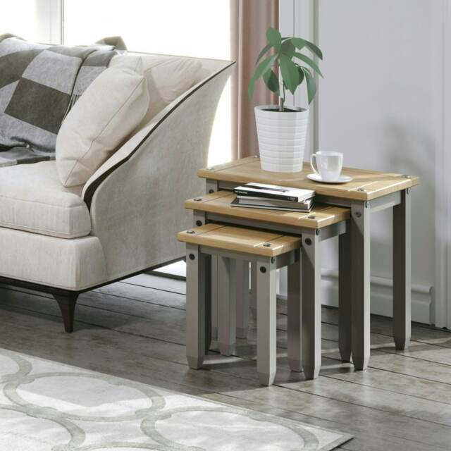 Corona Set of 3 Solid Pine Nesting Tables - Sturdy Rustic Side Tables with Chunky Tops Grey Grey Wax Small, Medium & Large 3