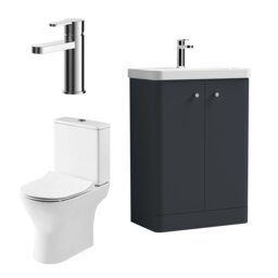 Balterley Contemporary Floor Standing 2 Door Bathroom Vanity Unit, Basin, Tap & Toilet Pack Grey Satin Soft Black 814 x 579 x 342mm