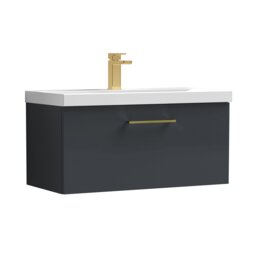 Balterley Wall Hung Bathroom 1 Drawer Vanity Unit and 1 Tap Hole Ceramic Basin, with Handle Grey Soft Black