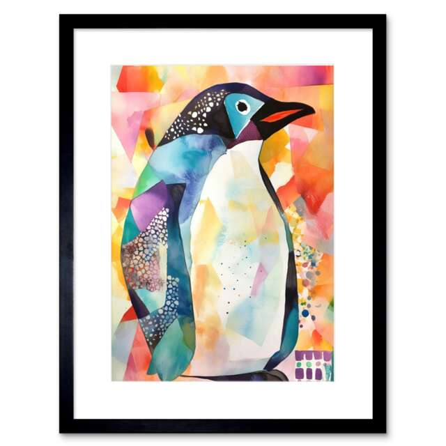 "Colourful Polygonal Penguin Watercolour Folk Art 9x7"" Black Framed Wall Art Print"