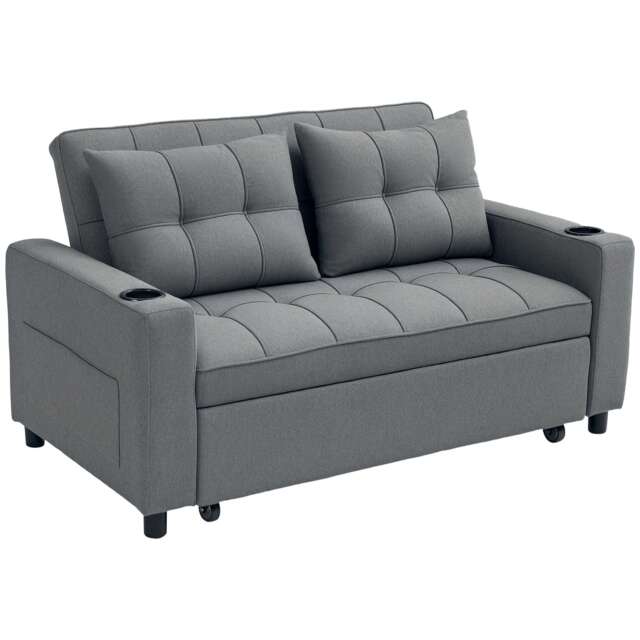 HOMCOM 2 Seater Sofa Bed, Linen Click Clack Sleeper Sofa with Pull Out Design, 2 Pillows, Cup Holders, Side Pockets, Convertible Loveseat Bed Settee for Living Room, 157x190cm, Charcoal Grey Grey