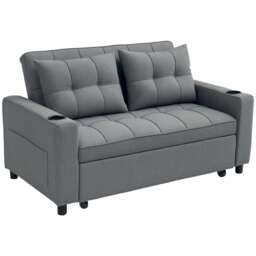 HOMCOM 2 Seater Sofa Bed, Linen Click Clack Sleeper Sofa with Pull Out Design, 2 Pillows, Cup Holders, Side Pockets, Convertible Loveseat Bed Settee for Living Room, 157x190cm, Charcoal Grey Grey