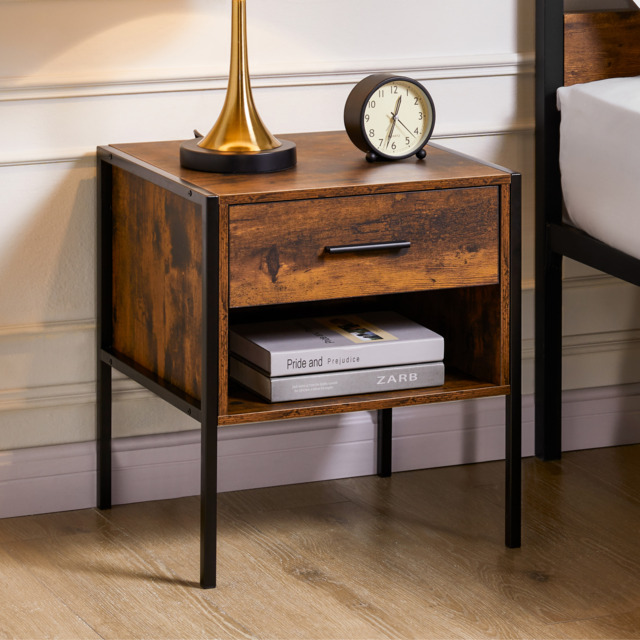 Vida Designs Brooklyn 1 Drawer Bedside Cabinet Industrial Cabinet Table Nightstand, Dark Wood