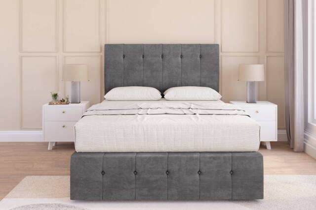 Sloomy Cambridge Steel Plush Divan Bed Base 2 Drawers Right Side With 26 Inch Strutted Headboard & 12 Inch Matching Footboard Grey Steel Super King 1