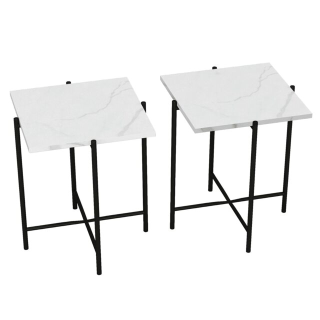 Set of 2 Pcs Marble Effect Tops Square Round Side End Coffee Table Metal Frame White White Square 1