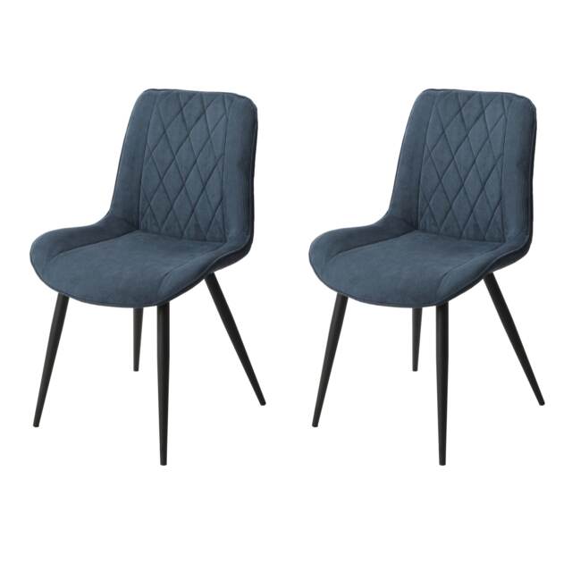 Pair of Aspen Cord Fabric Diamond Stitch Dining Chairs with Curved Seat and Black Tapered Metal Legs Blue Blue 1