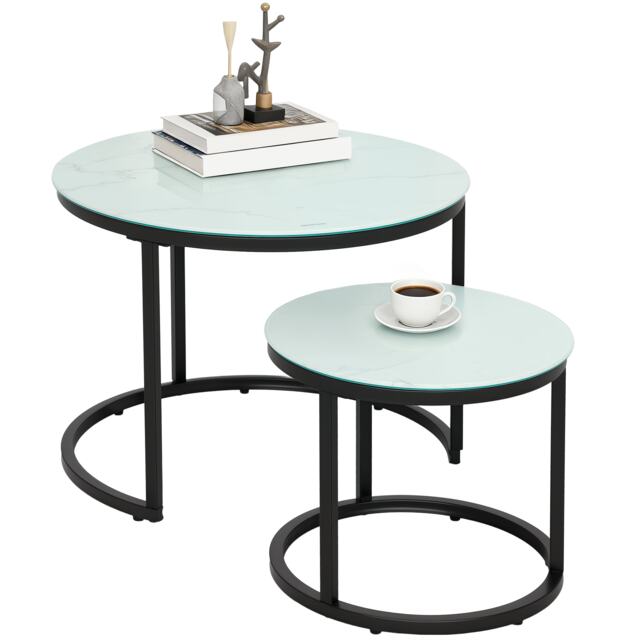 HOMCOM Glass Coffee Table Set of 2, Round Nest of Tables, White White White
