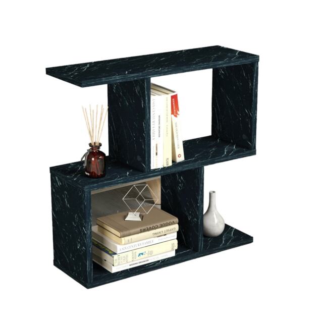 URBNLIVING 2 Tier Wooden Bookcase Side Unit With Modern Finish Black Black Marble One Size 1