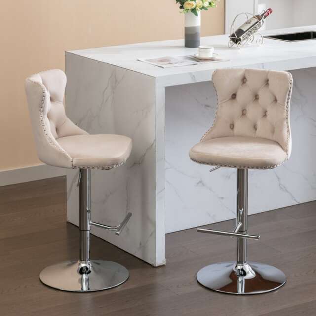 Set of 2 Modern Velvet Bar Stools with Swivel Chrome Base