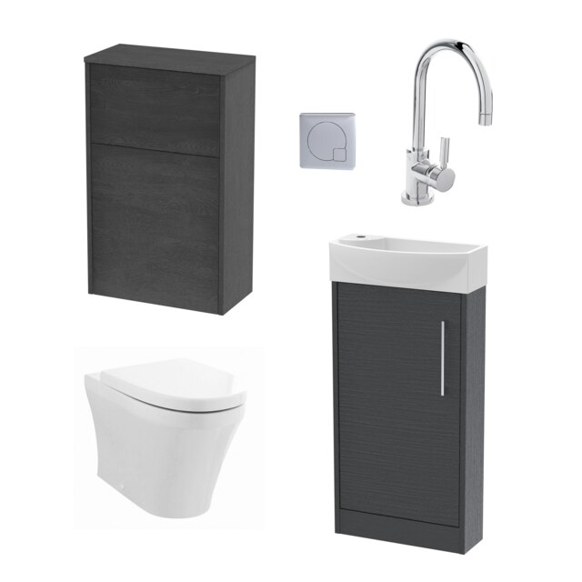 Cloakroom Suite - Right Hand 440mm Vanity, WC Unit, Toilet and Tap - Graphite Grey