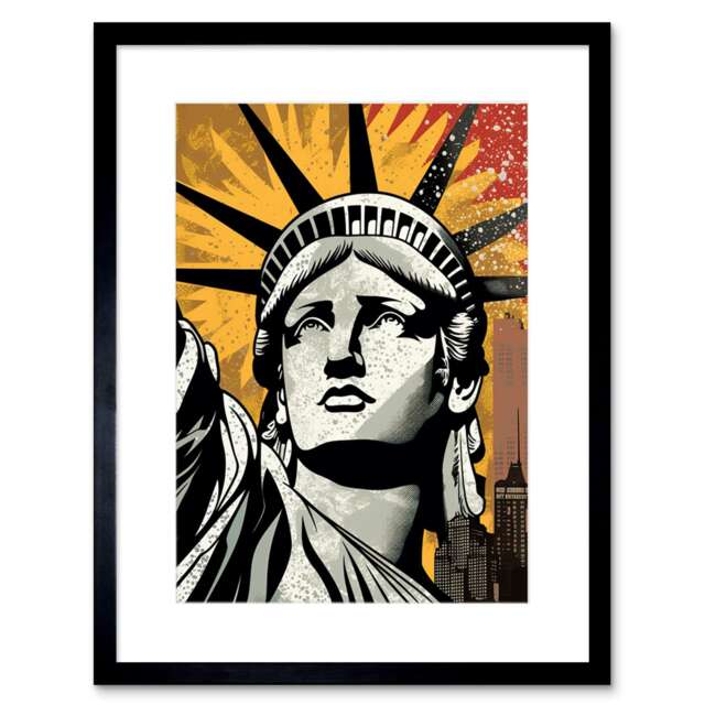 "Statue of Liberty Comic Book Style Black Red Yellow NYC 9x7"" Black Framed Wall Art Print"