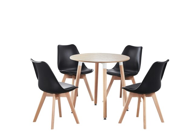 5PCs Dining Set - an Oak Round Dining Table & Set of 4 White Lorenzo Tulip chairs with Padded Seat Black