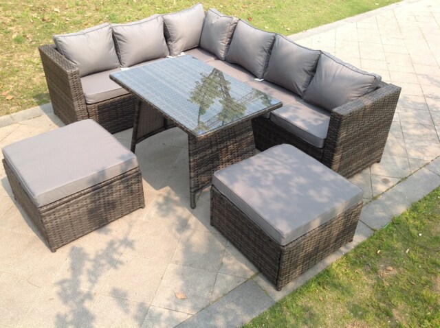 8 Seater Rattan Corner Sofa Set Dining Table 2 Big Footstool Garden Furniture Outdoor