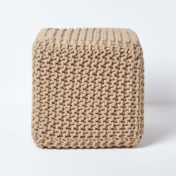Homescapes Linen Cube Cotton Knitted Pouffe Footstool