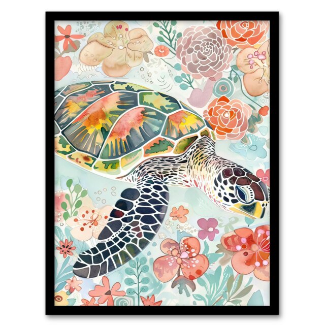 Colourful Sea Turtle Marine Flowers Watercolour Bathroom Black Framed Wall Art Print A4