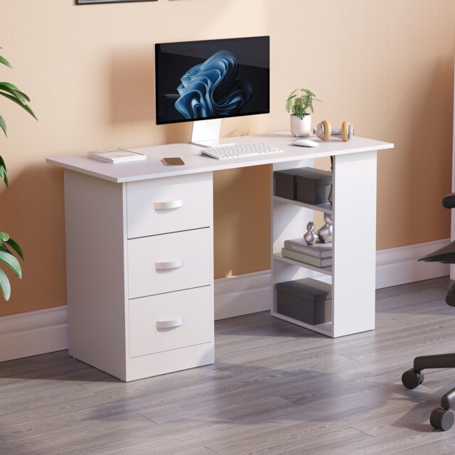 Vida Designs Mason 3 Drawer 3 Shelf Computer Desk Home Office Workstation, White