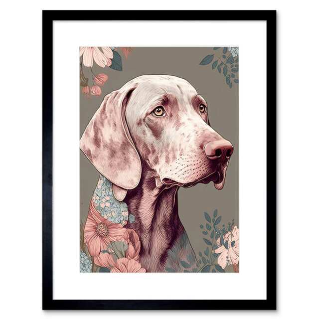 "Weimaraner Dog Portrait Flower Patterns Detailed 9x7"" Black Framed Wall Art Print"