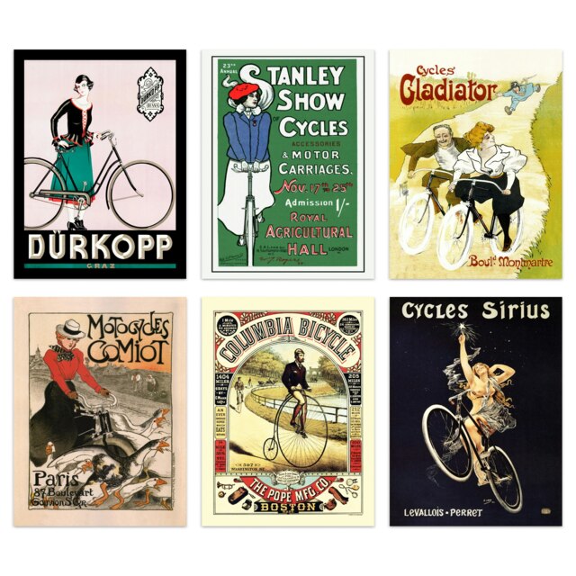 Pack of 6 Cycling Bicycle Vintage Adverts French British American Wall Art Print A4