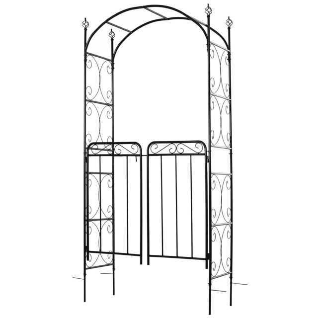 Outsunny Metal Decorative Backyard Arch w/ Gate Garden Arbor for Climbing Plants Black Matte Black 108 x 45 x 215cm