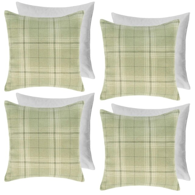 OHS 4 x Decorative Woven Check Printed Filled Cushions, 45x45cm - Sage Green