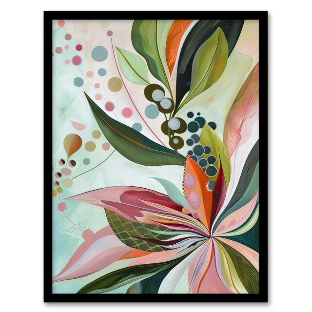 Abstract Tropical Exotic Leaves Floral Black Framed Wall Art Print A4